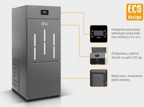 Piec Ferroli jednofunkcyjny stalowy na pellet 18 kW+ zasobnik Piec Ferroli jednofunkcyjny stalowy na pellet 18 kW+ zasobnik