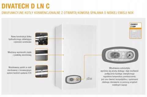Piec Ferroli stalowy na gaz 24 kW dwufunkcyjny, z otwartą komorą spalania Piec Ferroli stalowy na gaz 24 kW dwufunkcyjny, z otwartą komorą spalania