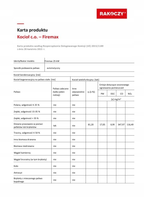 Kocioł na pellet RAKOCZY Firemax 190 25 kW STANDARD