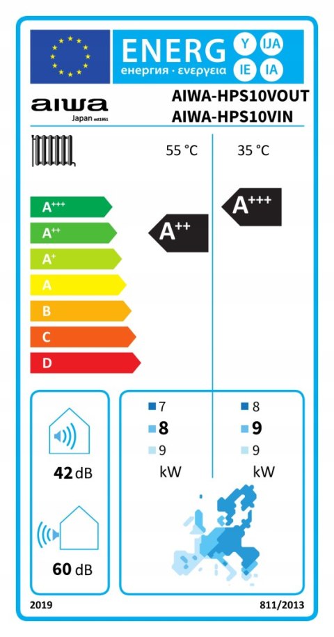 Pompa ciepła powietrzna split 10 kW 230 V KOMPLET AIWA-HPS8/10VIN 10VOUT