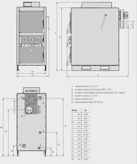 Kocioł, piec Ferroli stalowy zgazowujący drewno CGF PRO 50 kW